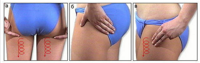 Масаж Шиацу при люмбоішалгії:   а) в середині сідничної складки;  б) натиснення в області бугра стегнової кістки;  в) безперервний спіралевидні масаж всієї ноги