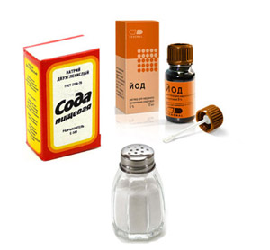 Популярними засобами для домашнього застосування є йод, сіль і сода